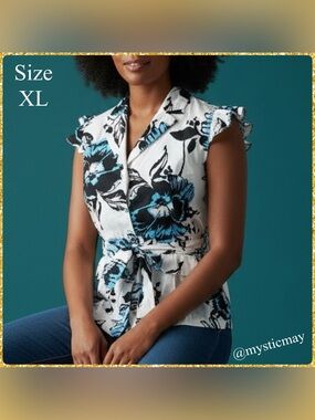 Vintage 1990s SASSY White w Blue Floral Belted Cap Sleeve Top Blouse Size XL